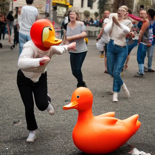 Image similar to angry rubber duck zombies biting terrified people, photography