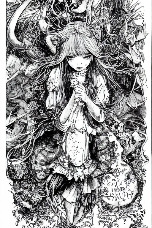 Image similar to Crying Alice in wonderland tarot card , pen and ink, intricate line drawings, by Yoshitaka Amano, Ruan Jia, Kentaro Miura, Artgerm, watercolor
