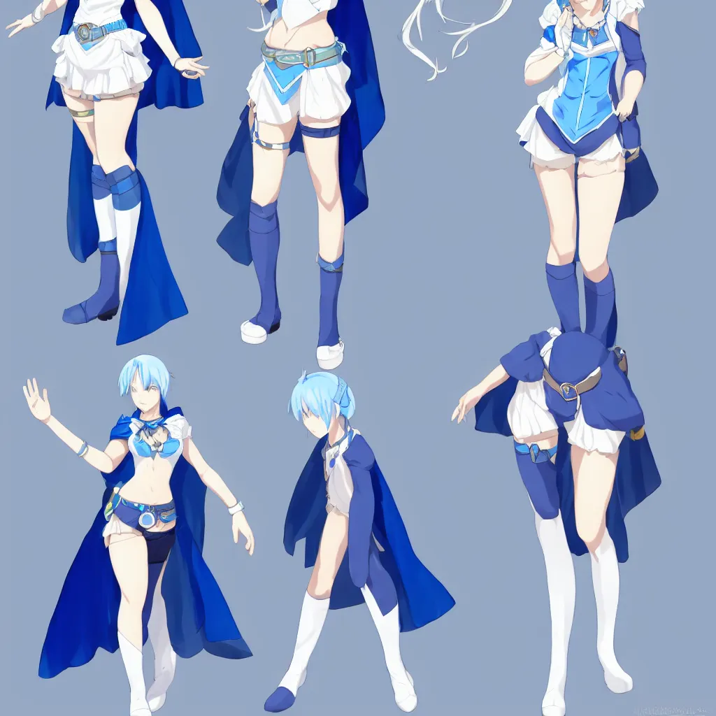 Image similar to a blue-haired alchemist girl, wearing a headband, short pale tunic and white stockings, high boots, azure cape, anime model sheet; in the Japanese fantasy videogame; character concepts; trending on artstation, highly detailed, clean lineart