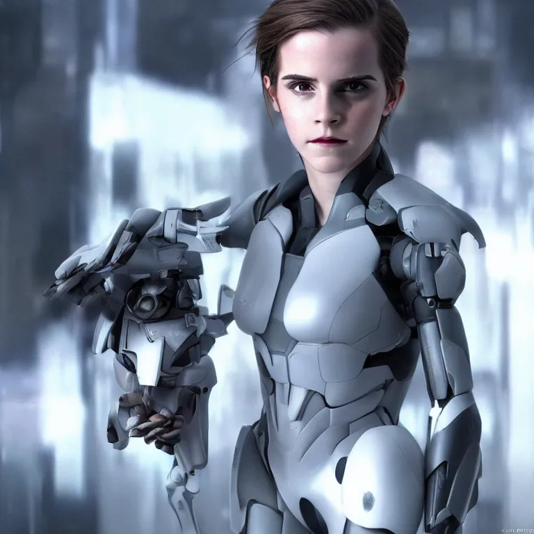 Image similar to scifi emma watson looks like ghost in the shell, extremely high detail, extremely high detailed face, cyborg, photorealism, emma watson, sony a 7 r