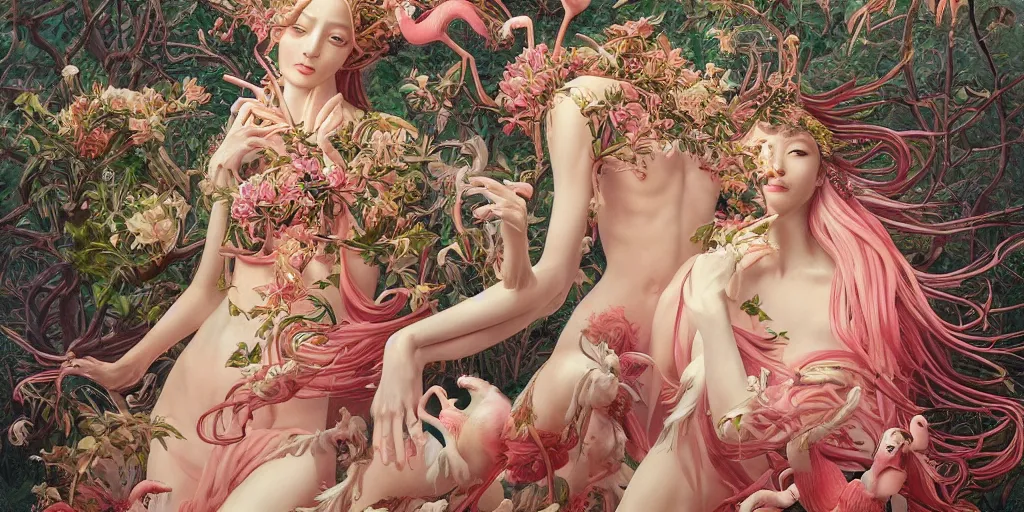 Prompt: breathtaking detailed weird concept art painting of the goddess of flamingo, orthodox saint, with anxious, piercing eyes, ornate background, epic composition, amalgamation of leaves and flowers, by Hsiao-Ron Cheng and John James Audubon and Miho Hirano, extremely moody lighting, 8K