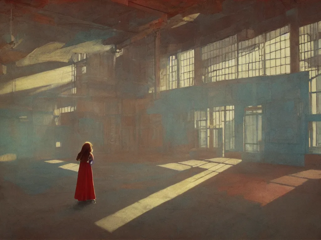 Prompt: lone girl lost inside empty abandoned large factory, 7 0 s, stanley kubrick the shinning, vibrant colors americana, cinematic, volumetric lighting, god rays, realistic, detailed painting in the style of edward hopper