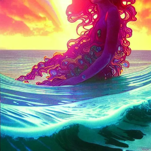 Image similar to ocean wave around giant psychedelic orchid, lsd water, dmt waves, backlit, sunset, refracted lighting, art by collier, albert aublet, krenz cushart, artem demura, alphonse mucha