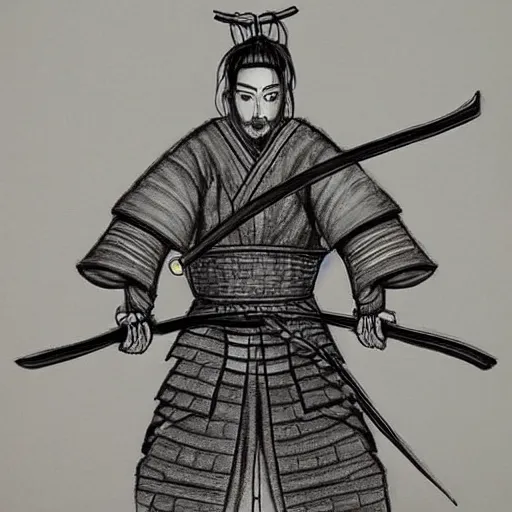 Image similar to A drawing of a samurai warrior, sword drawn ::