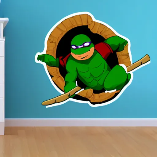 Image similar to svg sticker art of a teenage-mutant-ninja-turtle, flying towards the camera armed with nun-chucks