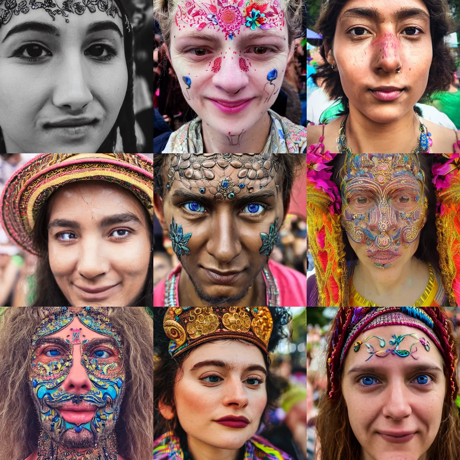 Prompt: the face of a beautiful calm and happy person at a festival who has glimpsed the fourth dimension, intricately detailed, beautiful face, detailed eyes, award winning, 8 k