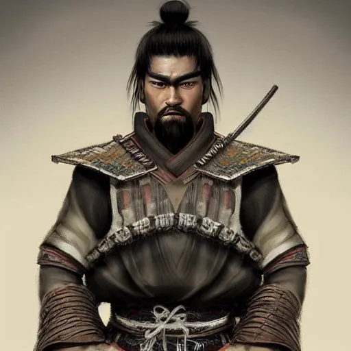 Image similar to hyper realistic concept art character of a handsome characteristic samurai fighter with an intense stare