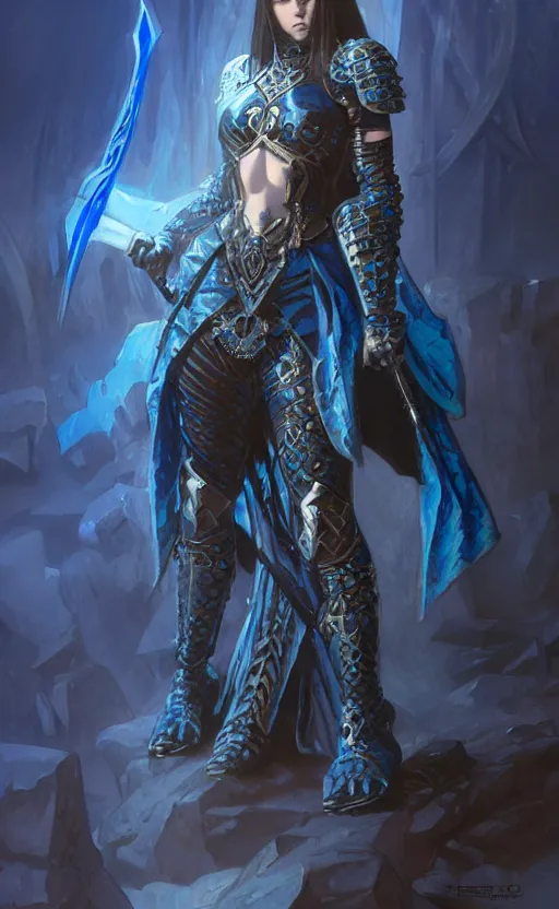 Prompt: Gothic muscular warrior queen in blue and black mythical heavy armor, fantasy, highly detailed, digital painting, artstation, concept art, smooth, sharp focus, illustration, art by artgerm and greg rutkowski and alphonse mucha