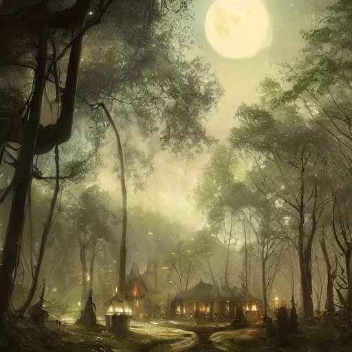 Prompt: a hidden village in the trees, victorian setting, dramatic light, clouds, moon, storm, night, high detail, fantasy background, painted by greg rutkowski, digital art, trending on artstation