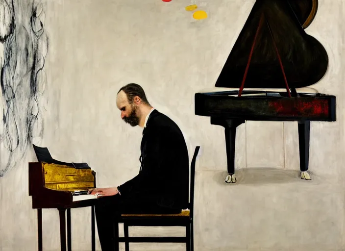 Image similar to portrait of a piano player in suit waiting, vincent lefevre and hernan bas and pat steir and hilma af klint, psychological, photorealistic, dripping paint, washy brush, rendered in octane, altermodern, masterpiece