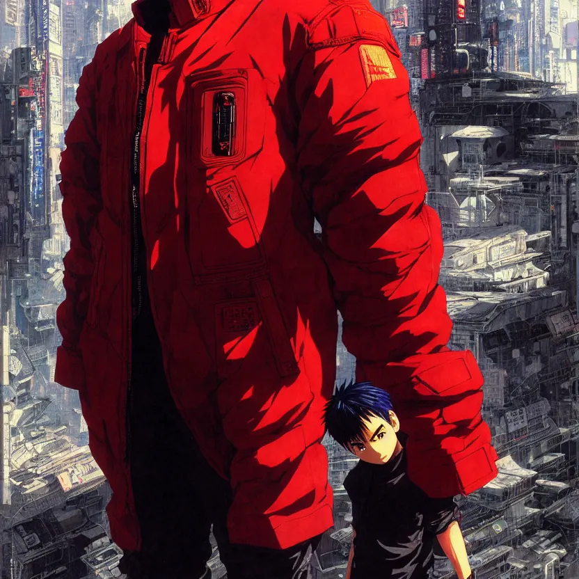 Image similar to portrait of kaneda with jacket from akira | anime, matte painting, perfect detailed face anime art, dystopian megacity neo - tokyo akira, shaded perfect, fine details. realistic shaded lighting anime manga artwork by katsuhiro otomo, akira, artgerm, jeremy lipkin and michael garmash and rob rey