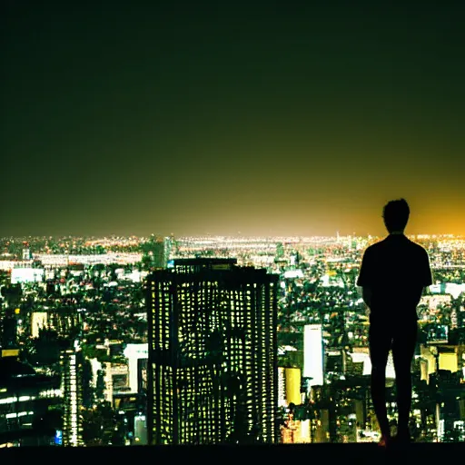 Image similar to silhouette of man in front of nighttime Tokyo city skyline, neon colors, beautiful photography, 8K