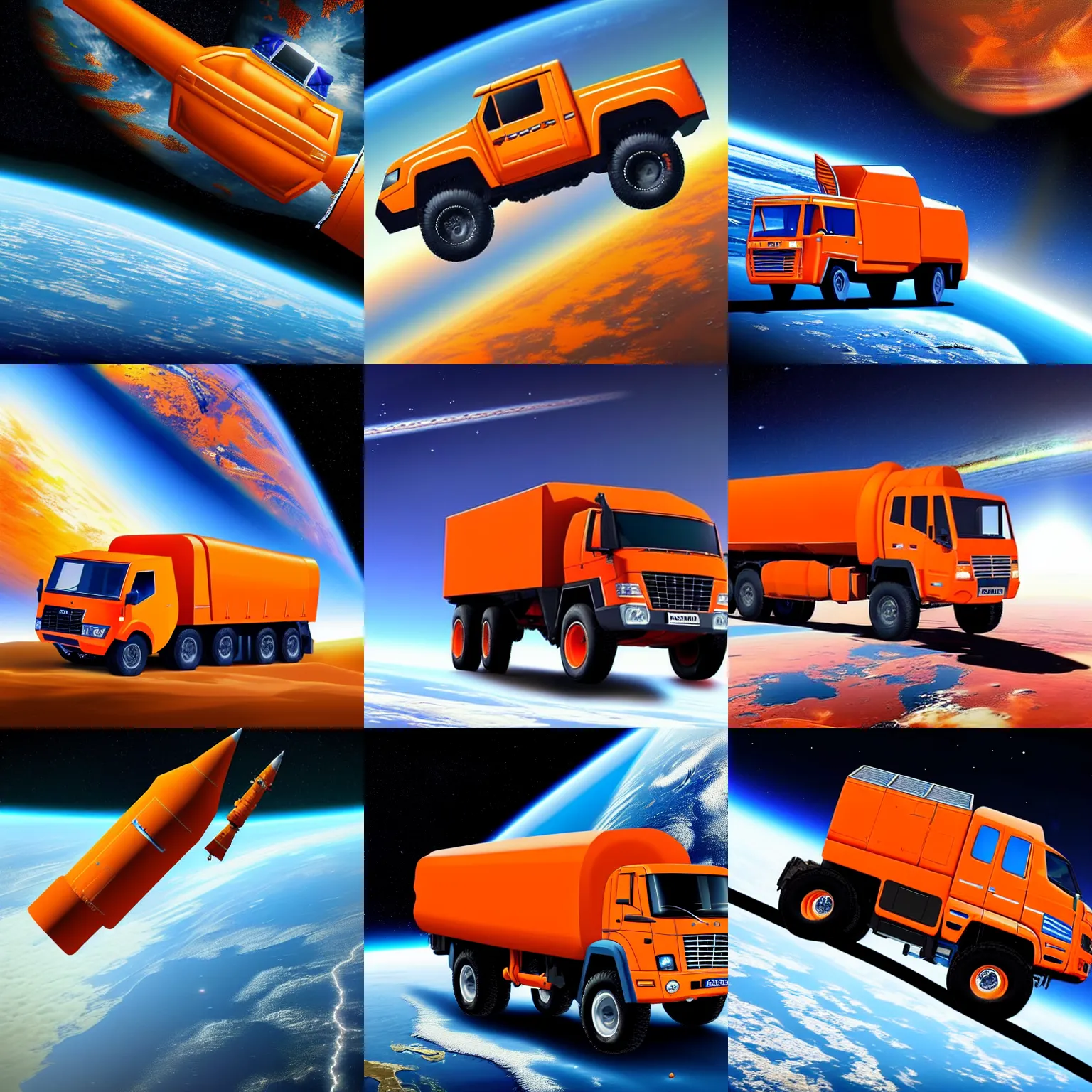 Prompt: orange kamaz in space in orbit of the planet earth, kamaz looks like a spaceship, hyper detailed, hight detailed, futuristic, ultra realistic, no blur, 8 k