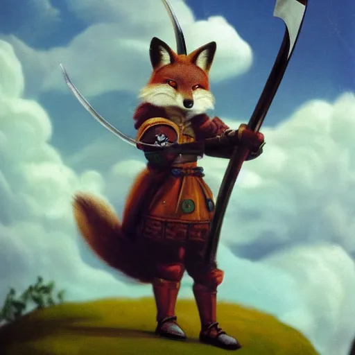Image similar to anthropomorphic fox!! who is a medieval knight holding a sword towards a stormy thundercloud [ 1 9 3 0 s film still ], ( castle in the background )