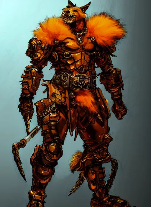 Image similar to Full body portrait of tall gnoll in golden armour and orange fur. In style of Yoji Shinkawa and Hyung-tae Kim, trending on ArtStation, dark fantasy, great composition, concept art, highly detailed, dynamic pose.