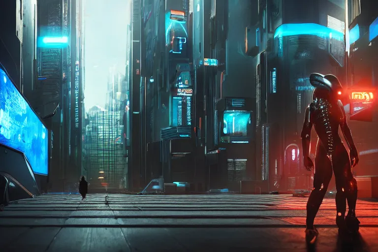 Image similar to cyberpunk alien concept inspired street, futuristic look, highly detailed body, very powerful, photorealistic camera shot, bright studio setting, studio lighting, crisp quality and light reflections, unreal engine 5 quality render