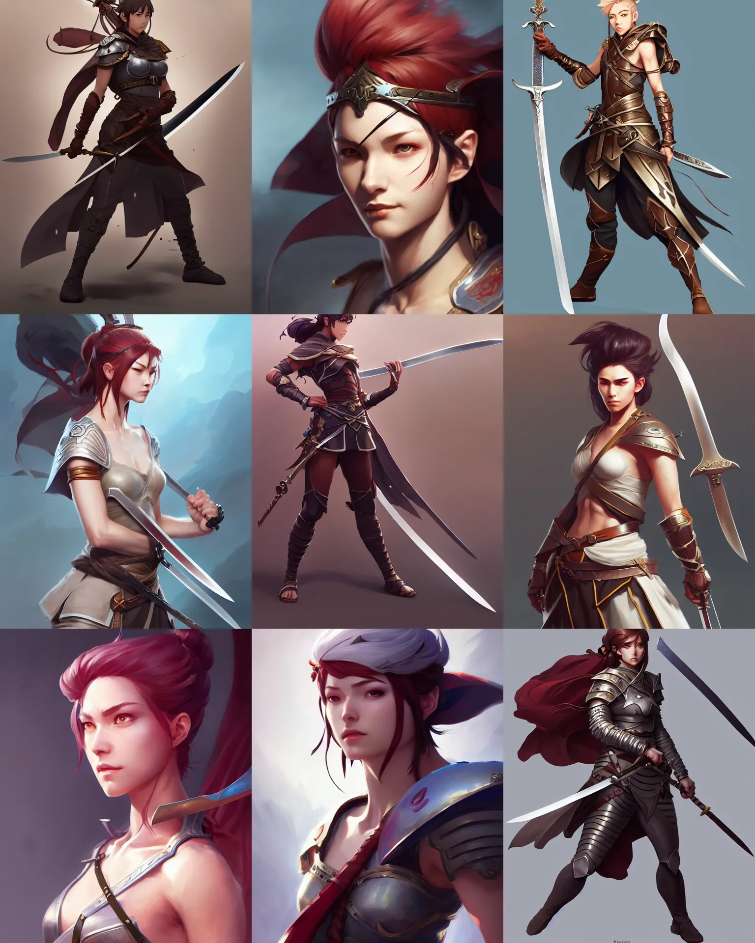 Prompt: character concept art of a female sword fighter | | distinct - fine, key visual, realistic shaded perfect face, fine details by stanley artgerm lau, wlop, rossdraws, james jean, andrei riabovitchev, marc simonetti, sakimichan, and jakub rebelka, trending on artstation