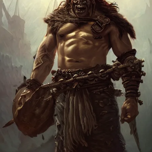 Image similar to portrait of a hulking herculean orc demon pirate rogue thief, male, masculine, upper body, belt of skulls, fantasy, frown,, intricate, elegant, highly detailed, digital painting, artstation, concept art, matte, sharp focus, illustration, art by artgerm and greg rutkowski and alphonse mucha