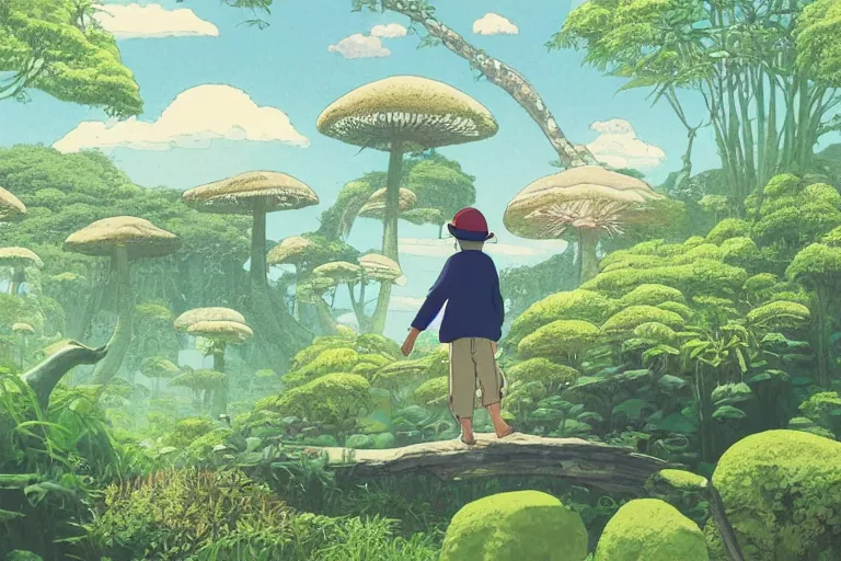 Prompt: down view of a young adventurer boy with a hat on a large open path entering a vast fantasy jungle with a distant clearing, giant mushrooms, large white paradise birds flying, exotic vegetation, large rocks with thick moss, large jungle flowers, huge suspended wooden bridge, very graphic illustration by moebius and victo ngai, ghibli spirited away style, dynamic lighting, early morning mood