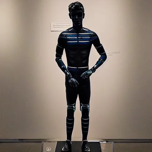 Image similar to “ a realistic detailed photo of a guy who is an attractive humanoid who is half robot and half humanoid, who is a male android, soccer player antoine griezmann, shiny skin, posing like a statue, blank stare, at the museum, on display ”