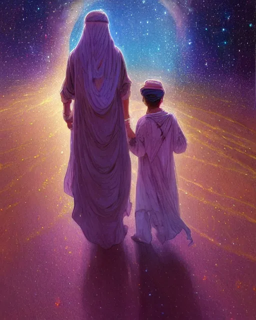 Image similar to bedouin man and woman and child in galaxy walking towards mosque surrounded by nebula, highly detailed, gold filigree, romantic storybook fantasy, soft cinematic lighting, award, disney concept art watercolor illustration by mandy jurgens and alphonse mucha and alena aenami, pastel color palette, featured on artstation