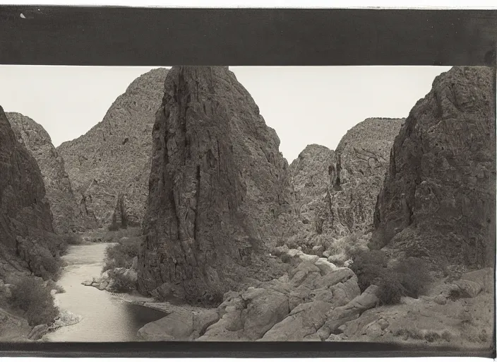 Image similar to View of the Gila river, surrounded by lush desert vegetation and rocky slopes, albumen silver print, Smithsonian American Art Museum