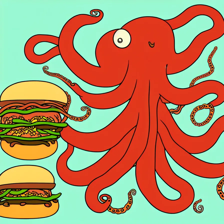 Image similar to ultra detailed artistic illustration of a giant octopus holding many burgers, tentacles wrapped around burgers, vector art, artstation, 8 k