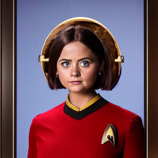 Image similar to a beautiful full body photograph of younger jenna coleman as a star fleet science officer from star trek next generation, full dress uniform, symmetrical face, extreme realism and detail, 8 k, completely framed, direct lighting, 3 5 mm photo, photorealistic, sharp focus