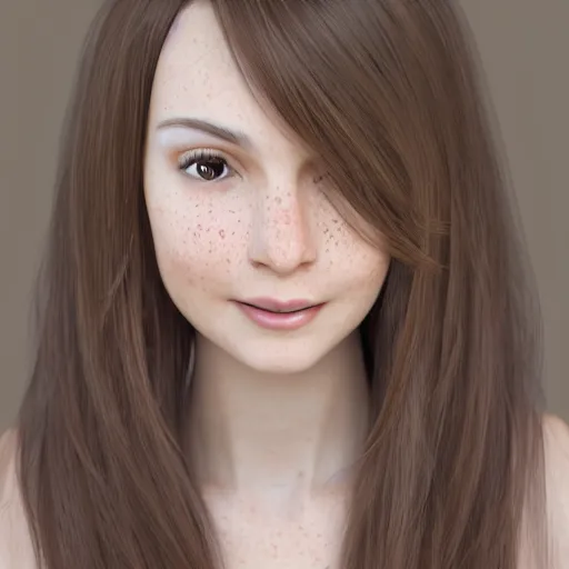 Image similar to Render of April, a cute 3D young woman, long shiny bronze brown hair, full round face, green eyes, medium skin tone, light cute freckles, light blush, smiling softly, wearing casual clothing, interior lighting, cozy living room background, medium shot, mid-shot, hyperdetailed, hyperreal, trending on Artstation, Unreal Engine, 4k