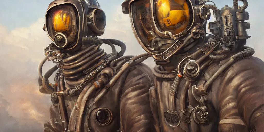 Image similar to highly detailed portrait painting of welder in atmospheric diving suit, perfect symmetrical eyes, by eddie mendoza and tyler edlin, windows, 8 k resolution