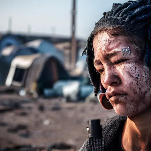 Image similar to photographic portrait of a poor techwear woman holding back tears, a futuristic shanty town burns in the background, closeup, sigma 85mm f/1.4, 4k, depth of field, high resolution, 4k, 8k, hd, full color