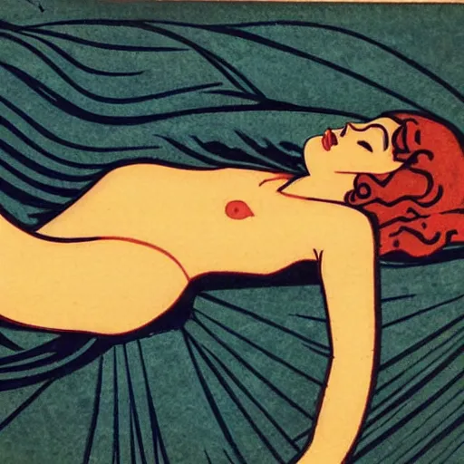Prompt: art nouveau style, colored woodblock print, beautiful woman reclining