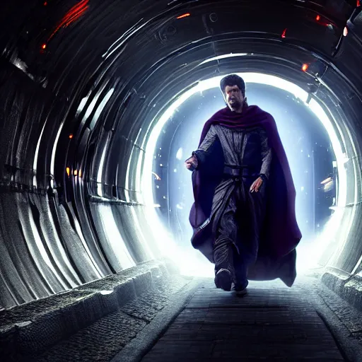 Image similar to sci-fi time traveler nomad wearing a cloak, cape, walking through a neone clock tunnel into another dimension, clocks falling, hdr, glow, sunset, zack snyder cinematography style, dark, cinematic, cinema lighting, highly detailed, ultra realistic, cinematic lighting, 8k