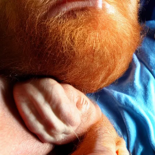 Image similar to a ginger man sleeping on his back, face closeup