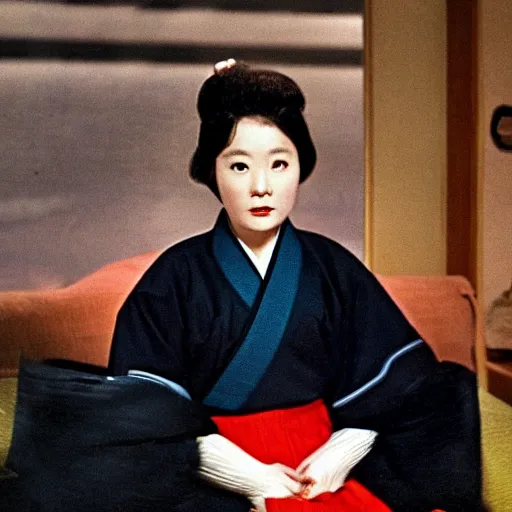 Image similar to The 1960s actress Choi Eun-Hee in a hanbok sitting on a couch, ultrawide 14mm shot, the room is dimly-lit and a starfish arm reaches through the window, minimal cinematography by Akira Kurosawa, movie filmstill, 1950s film noir, thriller by Kim Jong-il and Shin Sang-ok, monster horror movie