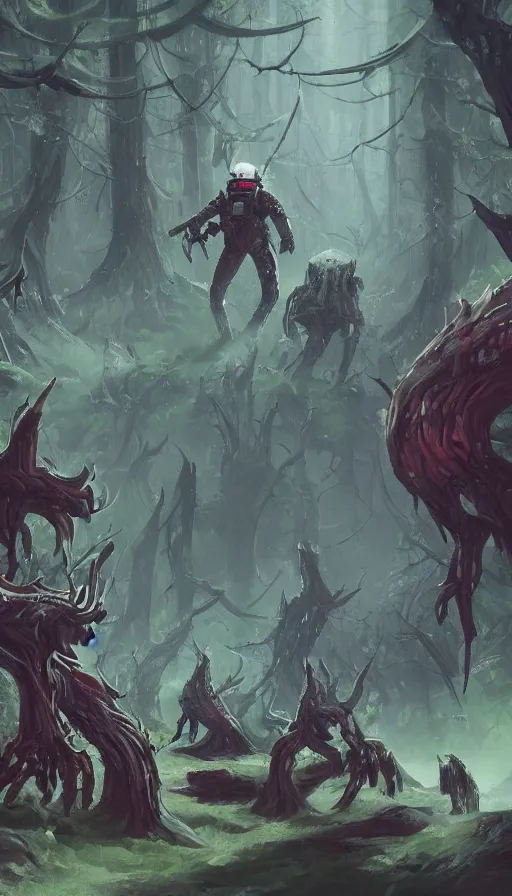 Image similar to astronaut walking in a forest made out of many demonic head and claws, by blizzard concept artists