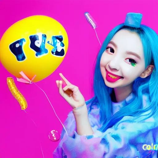 Prompt: a caricature of im nayeon of twice, colorful, bubbles, candy - coated, sugary sweet, yellow and blue