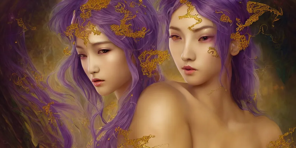 Prompt: asian nymph goddess flowing purple hair twisting in sensual pose with golden tattoes of cursive sigils on her opalescent skin, fantasy, intricate, very beautiful, elegant, golden light, highly detailed, digital painting, artstation, concept art, smooth, sharp focus, unreal engine, art by wlop and tian zi and alphonse mucha