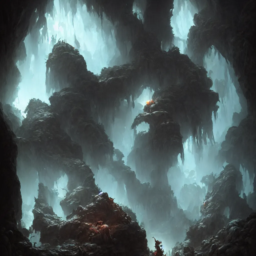 Image similar to portrait of the unseen elder vampire in a cave, dark atmosphere, subsurface scattering, by jesper ejsing, justin gerard, tomasz alen kopera, cgsociety and fenghua zhong, highly detailed, rim light, cinematic lighting, illustration, art, octane render, very coherent, cinematic, hyper realism, high detail, octane render, 8 k