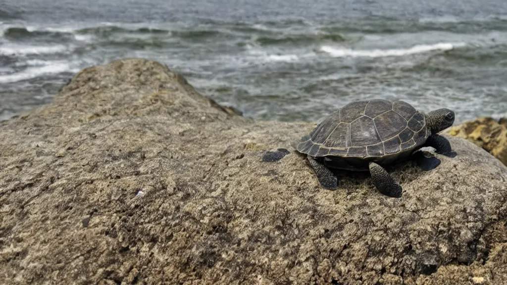 Image similar to a turtle on a rock looking at the sea, macro 8mm photo, the camera is behind the turtle