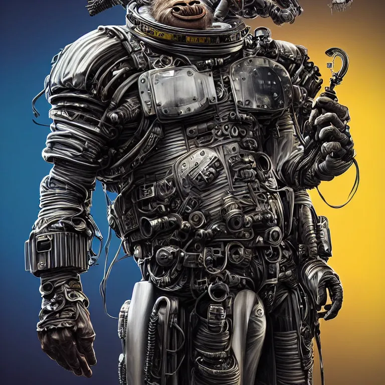 Image similar to a portrait of a muscular anthropomorphic cyberpunk chimp in spacesuit armor with ensignia on chest plate by sandra chevrier, by jon foster, detailed render, pistol in holster, extremely hyperdetailed, tape deck, epic composition, cybernetics, 4 k realistic, cryengine, realistic shaded lighting, sharp focus, masterpiece, by enki bilal