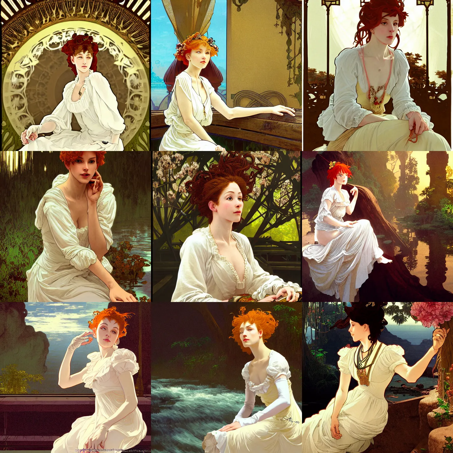 Prompt: hand in white gloves, neo rococo expressionist orientalism southern ginger woman in simple cream dress sitting beside a river, extreme plus resolution fantasy concept art, intricate details to everything visible, sharp lighting, dramatic light by denis villeneuve, strong emphasis on alphonse mucha, makoto shinkai