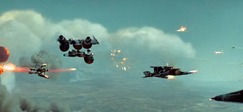 Prompt: a film still of an epic ww 2 space battle, explosions, wide angle, rule of thirds, colorful, thunderbirds, hbo, 4 k, hd, hyperrealistic, 7 0 mm, cronenberg