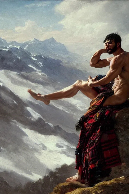 Prompt: a homoerotic portrait by greg rutkowski and albert bierstadt and bill ward of a shirtless desi hiker on a mountain peak wearing a tartan kilt | background is snowy mountains and clouds | detailed face, ethereal, dreamlike | trending on artstation