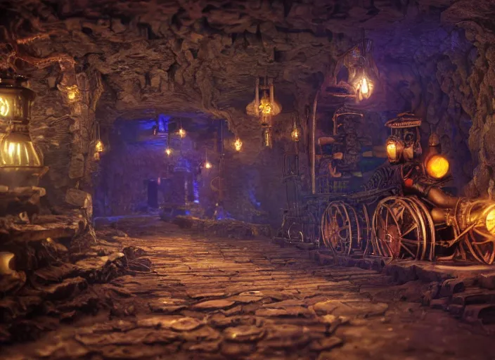 Image similar to minecart track in a magical mine illustration. steam punk fantasy, dramatic lighting, 8 k, sharp focus, global illumination, unreal engine, detailed and intricate environment