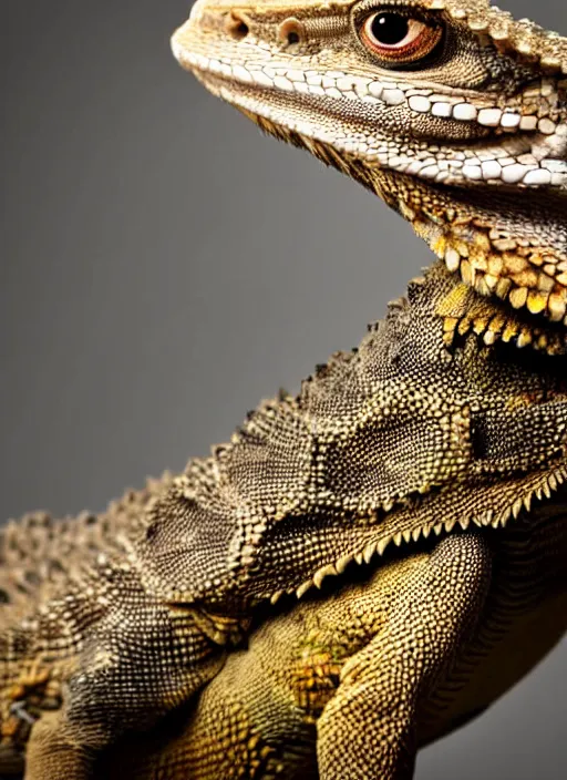 Prompt: dslr portrait still of a bearded dragon wearing a top hat and bow time, 8 k 8 5 mm f 1. 4