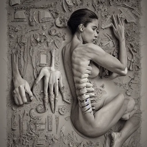 Image similar to beautiful scene of a detailed and intricate design of the back of full woman body and a baby fetus wrapped in bones, real, studio shot, dynamic lighting, great finesse organic hyper detailed, engineering blueprints, technical drawings, calculus, stained paper, hyperrealistic, ultra detailed, 16K, unreal engine, trending on artstation