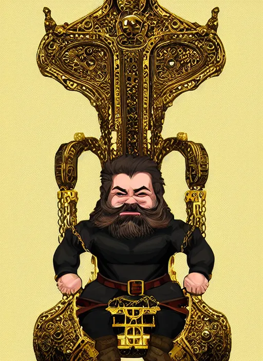 Image similar to dwarf fighter sitting in mechanical spider chair, gold, exquisite details, black beard, white background, by studio muti