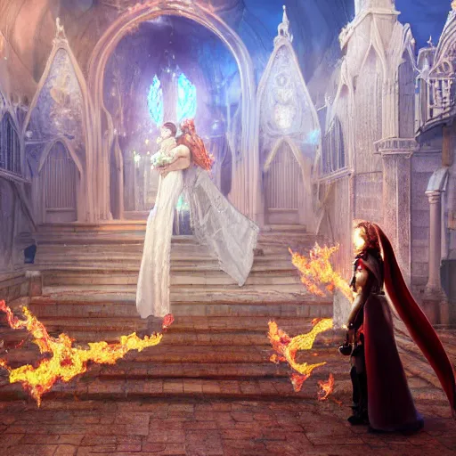 Prompt: an ultra detailed matte painting of a lesbian wedding between evil pyromancer and a red mage from final fantasy, steampunk, unholy, white church background, detailed face, sharp focus, highly detailed, cinematic lighting, studio quality, colorful, smooth render, unreal engine 5 rendered, octane, rendered, by artgerm, greg rutkowski, alphonse mucha