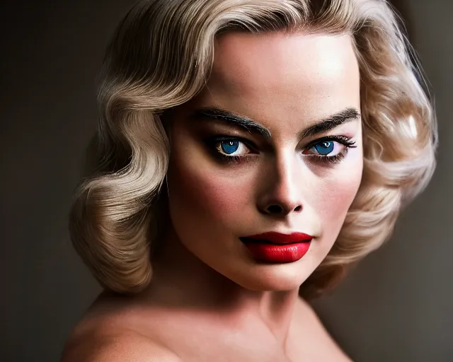 Image similar to a mix of margot robbie and mariyln monroe, hyper realistic face, beautiful eyes, cinematic, long shot, hyper detailed, 8 5 mm photograph, 8 k resolution, film still, sharp lens, wide lens